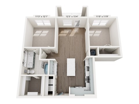 A 3D floor plan of a house with dimensions.